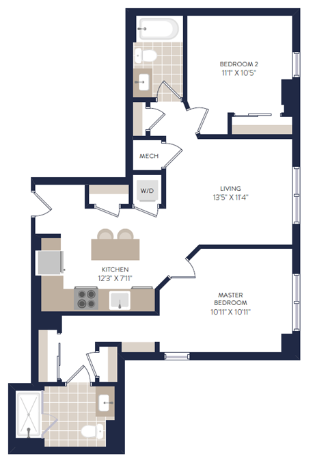 Floor plan for 2 beds, 2 baths, 840 sqft